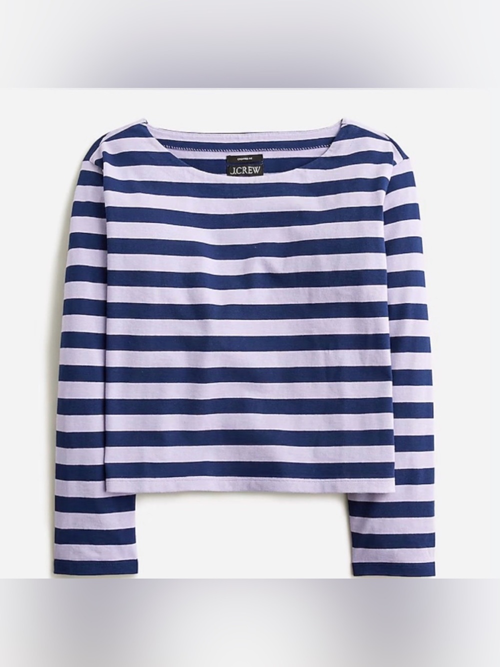 J.Crew Navy and Lavender Cropped Mariner Cloth Cotton Long Sleeve Boatneck Top M